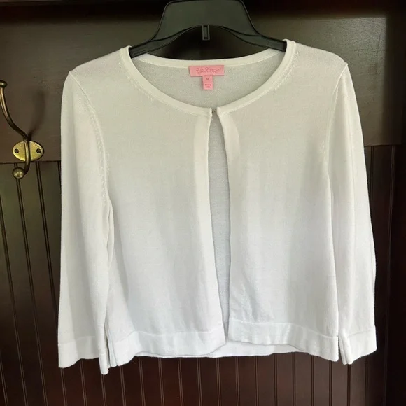 LILLY PULITZER Knit Cropped 3/4 Sleeve Cardigan Preppy Old Money Parisian Size M - Picture 3 of 13